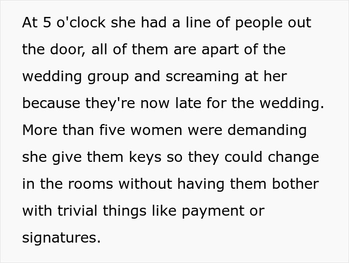 A black on white text post explaining how a bridezilla group demanded keys to 70 hotel rooms without paying first