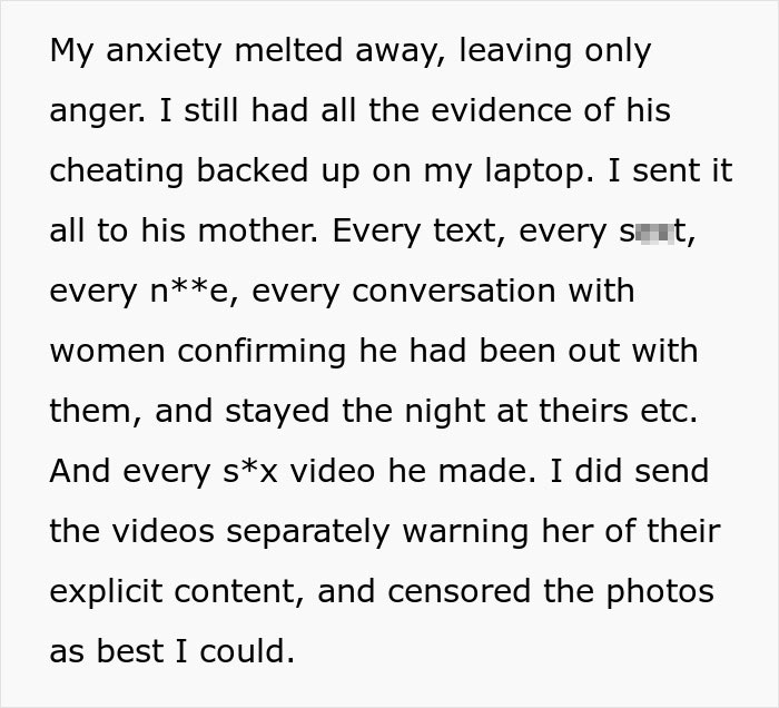 Black and white text about sending proof of cheating to an ex-fianc&eacute; mother to get petty revenge.