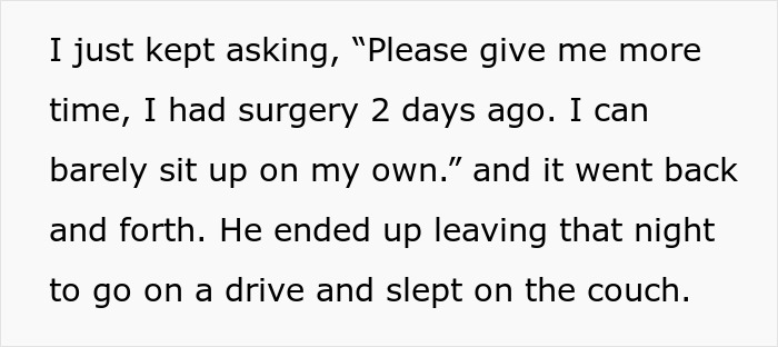 A black and white text post explaining the struggle of a girlfriend recovering from surgery.