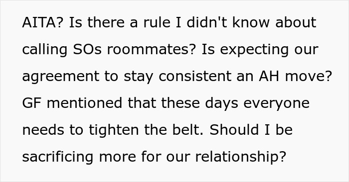 A black on white text post asking about relationship sacrifice and tight budget rules. A black on white text post asking about relationship sacrifice and tight budget rules.