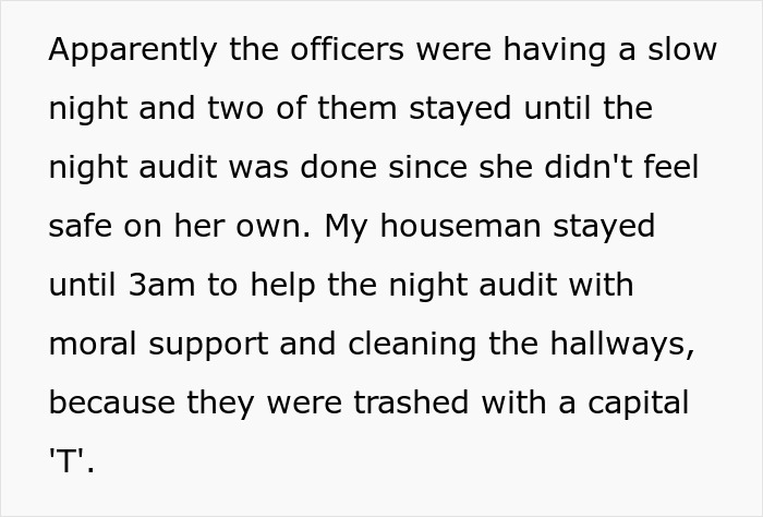A screenshot detail of officers helping to clean hallways trashed by a bridezilla ruins hotel rooms party