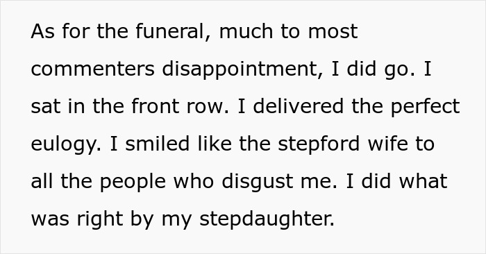 Text describing a woman attending her ex’s funeral to give a eulogy and support her stepdaughter Text describing a woman attending her ex’s funeral to give a eulogy and support her stepdaughter