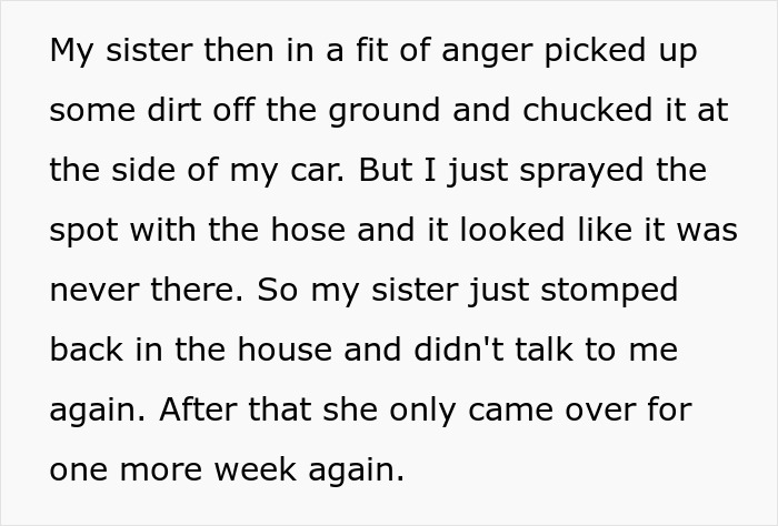 A text screenshot about a sister throwing dirt at her brother's car out of jealousy A text screenshot about a sister throwing dirt at her brother's car out of jealousy