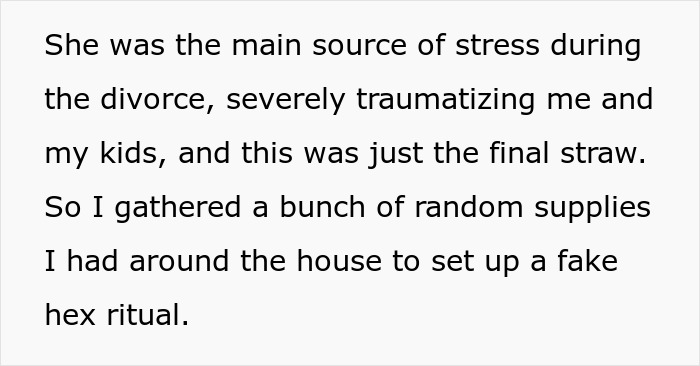 Text about stress and trauma during divorce and setting up fake hex ritual Text about stress and trauma during divorce and setting up fake hex ritual