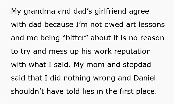 Text explaining a family conflict over whether a dad should pay classes and his daughter being bitter Text explaining a family conflict over whether a dad should pay classes and his daughter being bitter