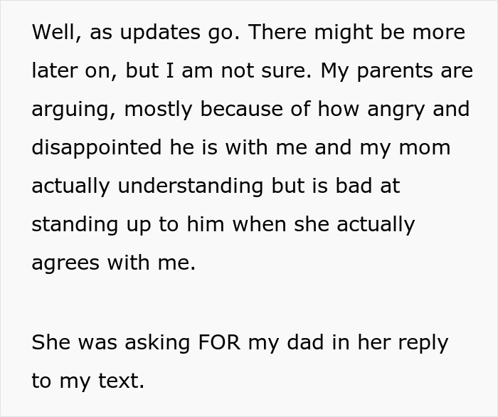 An update about parents arguing over the daughter's boundary before giving birth. An update about parents arguing over the daughter's boundary before giving birth.