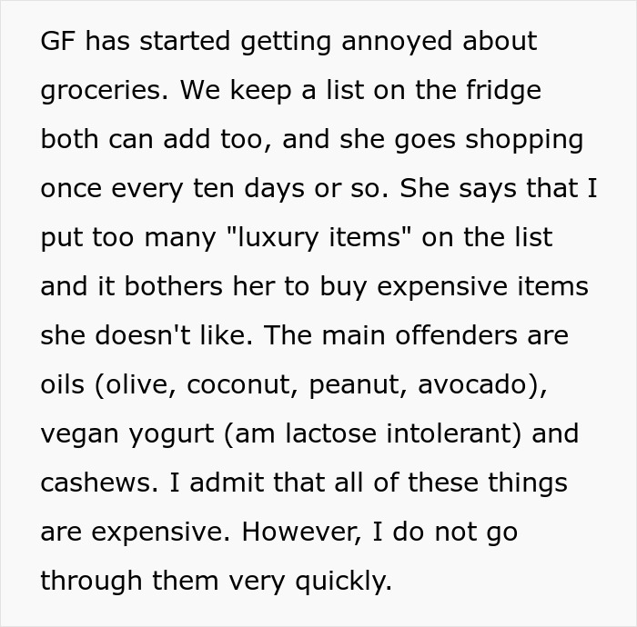 A text post explaining how a couple fights over expensive cashews, olive oil, and other groceries A text post explaining how a couple fights over expensive cashews, olive oil, and other groceries