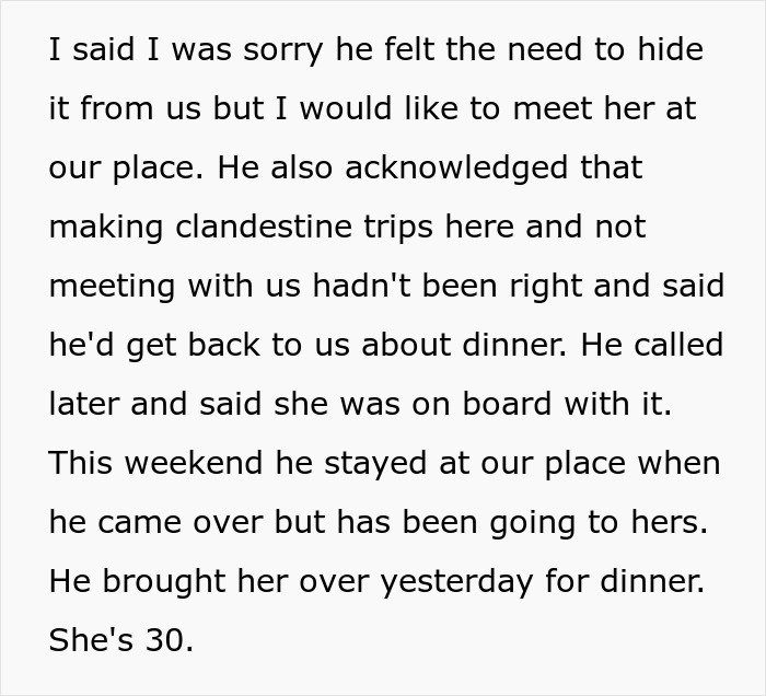 Screenshot of post text about a mom expressing concern after meeting her son's 30-year-old GF for dinner. Screenshot of post text about a mom expressing concern after meeting her son's 30-year-old GF for dinner.