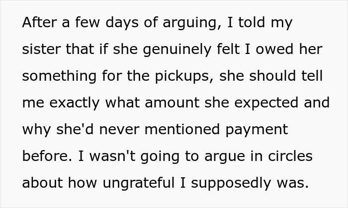 A text update where the mother asks her sister to explain the payment request for past favors. A text update where the mother asks her sister to explain the payment request for past favors.