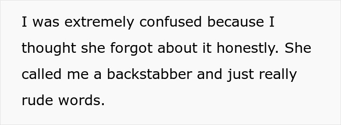A screenshot of text describing a woman being called a backstabber, sparking family drama. A screenshot of text describing a woman being called a backstabber, sparking family drama.