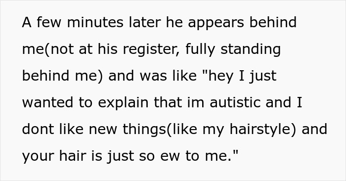 Text explaining how a coworker insults woman's hair by making rude comments about her hairstyle.