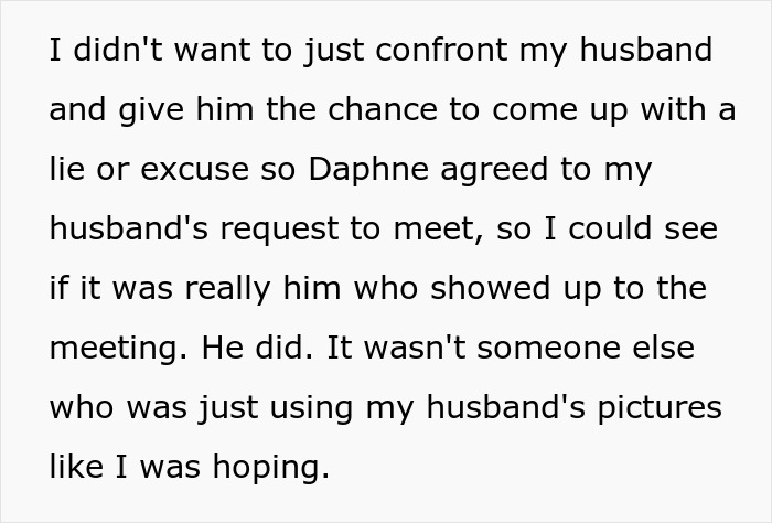 Text about confronting husband and confirming he met Daphne on the dating app