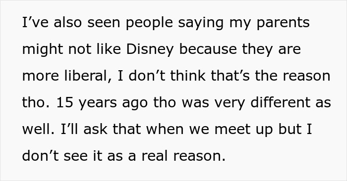 A text post discussing family drama over Disneyland and political reasons A text post discussing family drama over Disneyland and political reasons