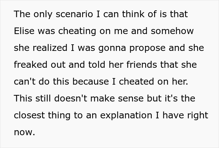 Text post about a dream proposal ruined by a girlfriend's unexpected disappearing act and cheating accusations.