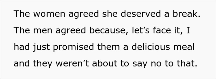 Screenshot of text about family agreeing woman deserved a break from cooking Screenshot of text about family agreeing woman deserved a break from cooking
