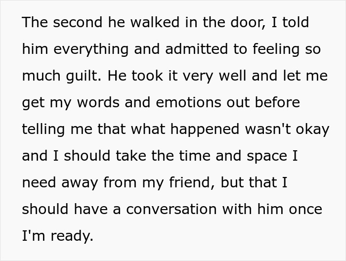 Screenshot of text discussing a conversation with a fiancé after a bestie reveals his love. Screenshot of text discussing a conversation with a fiancé after a bestie reveals his love.