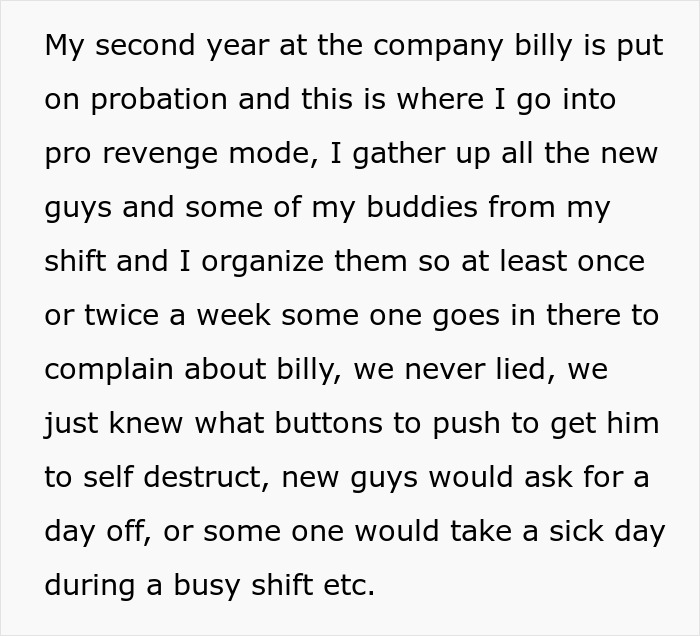 Text describing a pro revenge strategy against a lazy boss put on probation