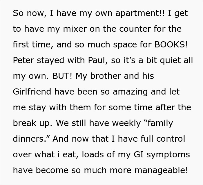 A text post about moving to a new apartment after a breakup with a boyfriend who got a large dog.