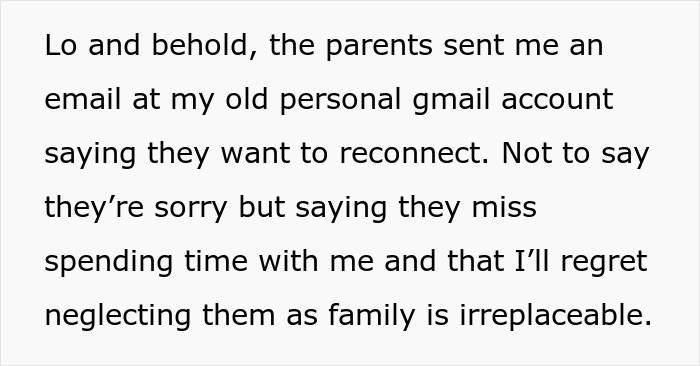 Screenshot of text discussing parents wanting a relationship after years of dismissing their son’s achievements. Screenshot of text discussing parents wanting a relationship after years of dismissing their son’s achievements.