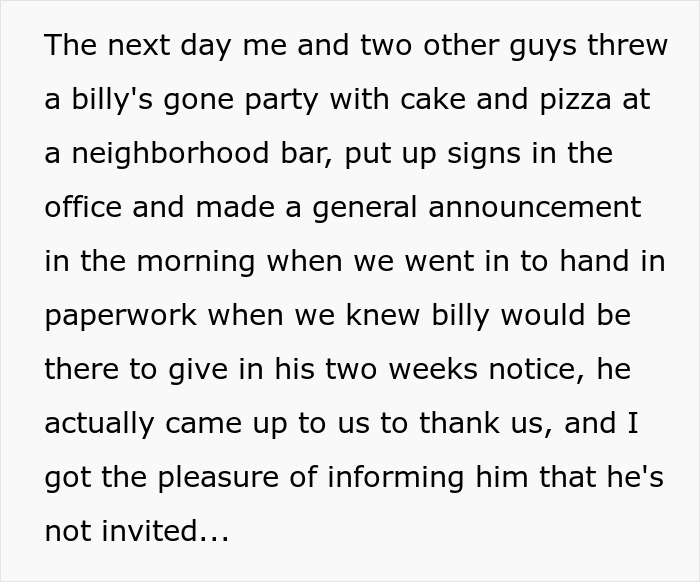 Black text on a white background details the aftermath of a boss who gets demoted.