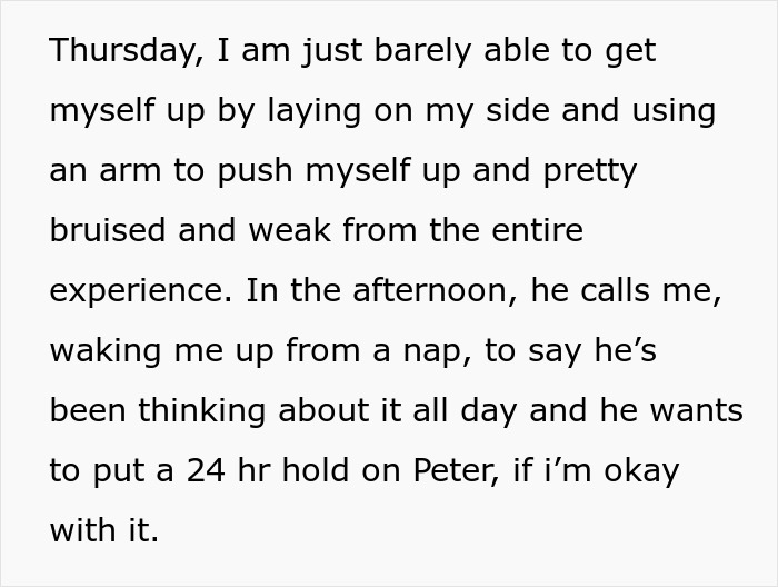 Text explaining a recovering girlfriend's reaction to her boyfriend wanting to adopt a large dog