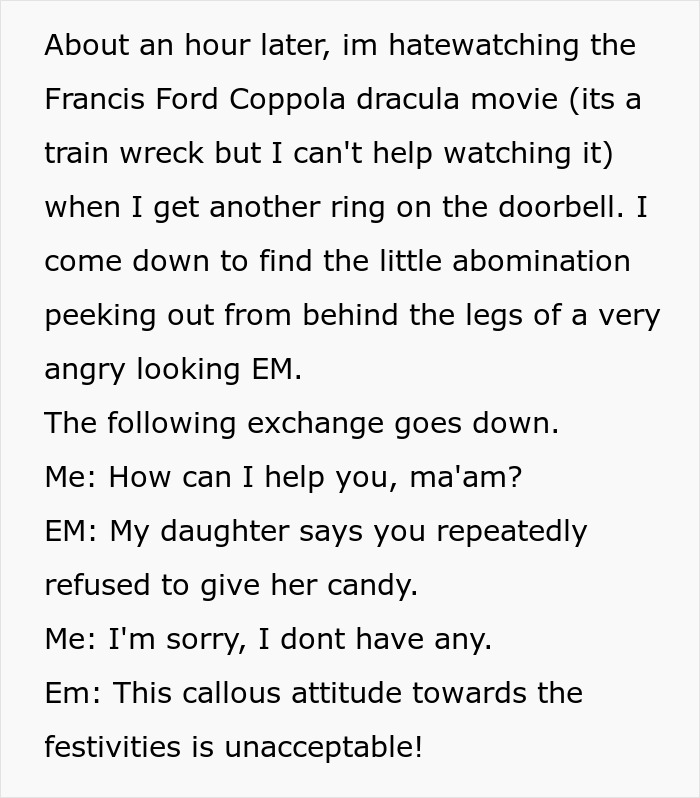 Text conversation about neighbor refusing Halloween candy and confrontation over candy refusal