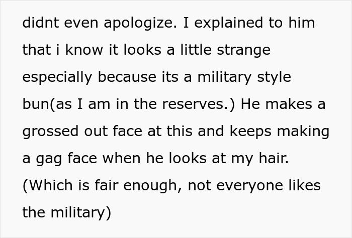 Text describing how a coworker insults woman's hair and blames his autism instead of apologizing.