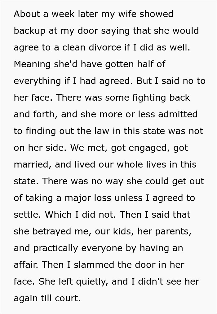 Text story about a husband refusing a settlement after his wife’s secret affair. Text story about a husband refusing a settlement after his wife’s secret affair.