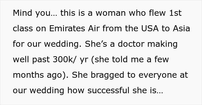 Text excerpt about groom's stepmom flying first class for wedding and boasting about success