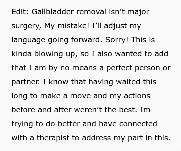 A text post clarifying surgery details after a boyfriend gets a large dog during his girlfriend's recovery.