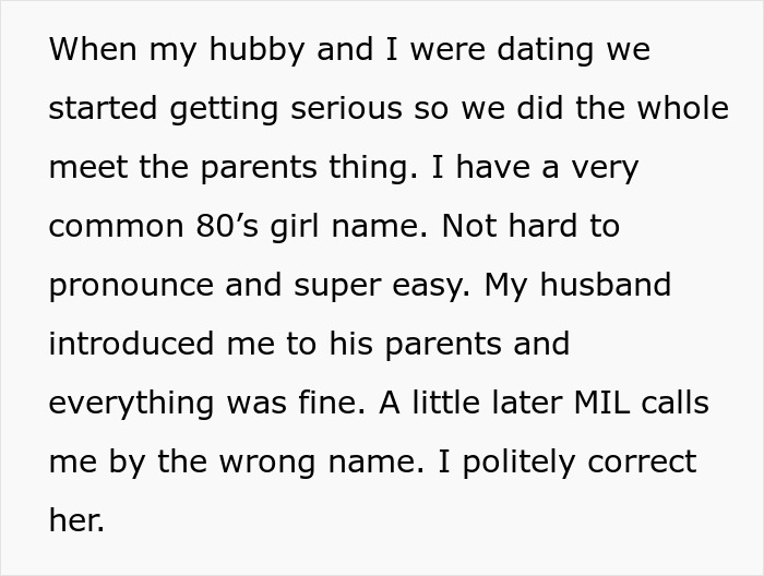 Text post explaining how a MIL repeatedly called her DIL by the wrong name. Text post explaining how a MIL repeatedly called her DIL by the wrong name.