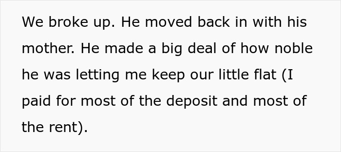 A black-on-white text screenshot describing the breakup and her ex-fianc&eacute; moving back with his mother.