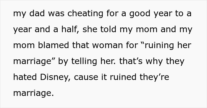 Screenshot of text explaining how a cheating scandal led the parents to hate Disneyland. Screenshot of text explaining how a cheating scandal led the parents to hate Disneyland.