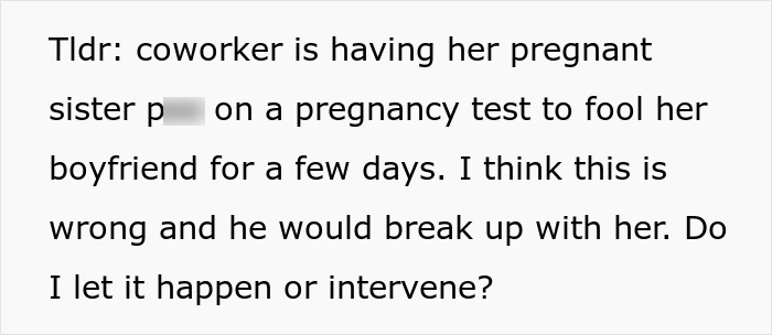 Summary text box explaining the prank to trick BF into believing she is pregnant and asking for advice. Summary text box explaining the prank to trick BF into believing she is pregnant and asking for advice.