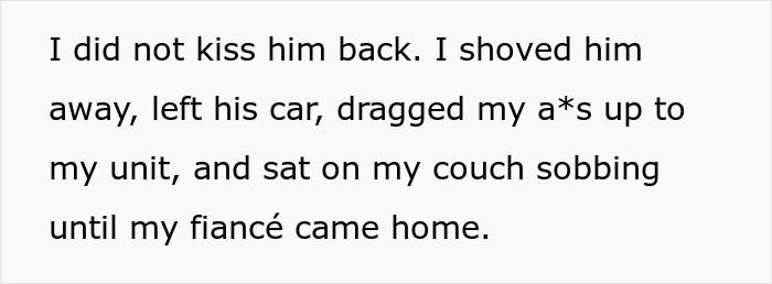 Text explaining a woman refusing a kiss from her bestie and going home to her fiancé. Text explaining a woman refusing a kiss from her bestie and going home to her fiancé.
