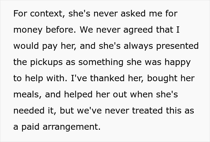 Text post providing context about an aunt sending a payment request for past favors to her sister. Text post providing context about an aunt sending a payment request for past favors to her sister.