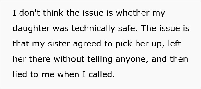 Image of typed text explaining broken trust and lying when aunt leaves 8YO niece alone at school. Image of typed text explaining broken trust and lying when aunt leaves 8YO niece alone at school.