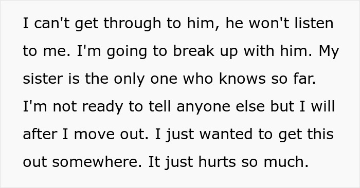 A black text post on a white background from a woman expressing heartbreak over having to break up with her fiancé. A black text post on a white background from a woman expressing heartbreak over having to break up with her fiancé.