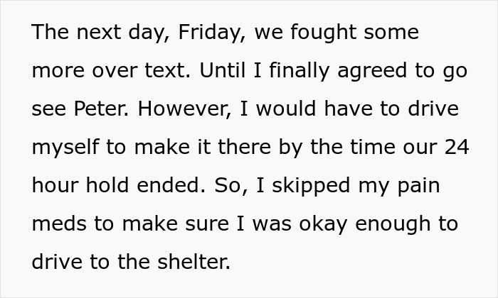 A screenshot of text describing a girlfriend having to drive to a shelter after surgery.