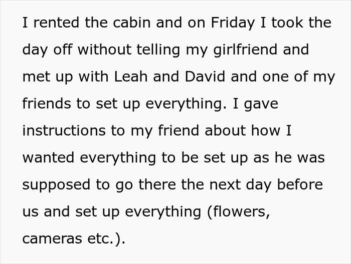 Text explaining the logistics behind a dream proposal setup, including decorating a rented cabin with flowers and cameras.