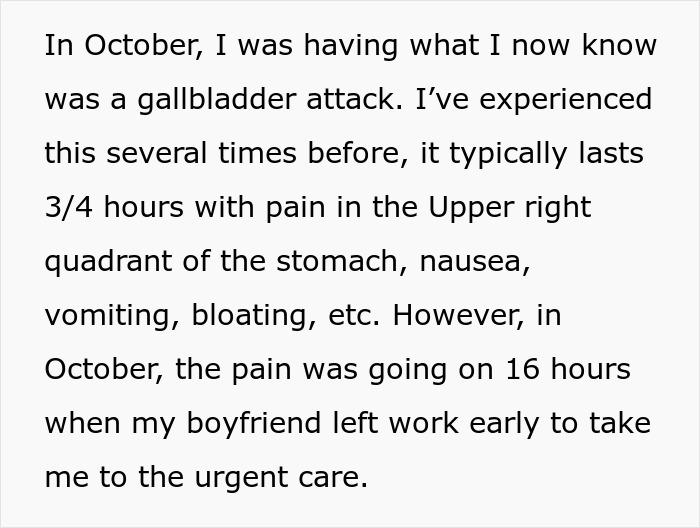 Reddit post text detailing a severe gallbladder attack and a boyfriend helping during the medical emergency