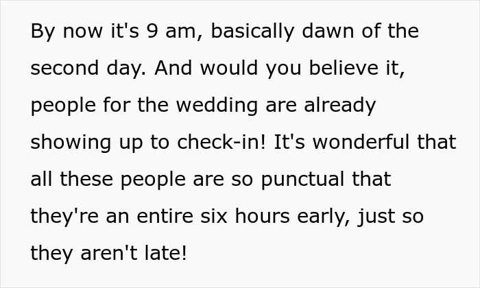 Text about early check-ins at 9 AM for a wedding at a bridezilla hotel.