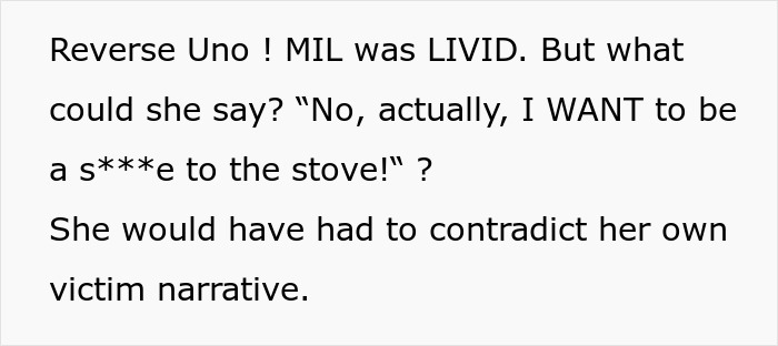 Screenshot of text about MIL being livid and stuck in a victim narrative Screenshot of text about MIL being livid and stuck in a victim narrative