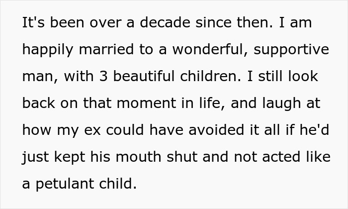 Text recounting a woman's happy life a decade after taking petty revenge on her ex-fiance.