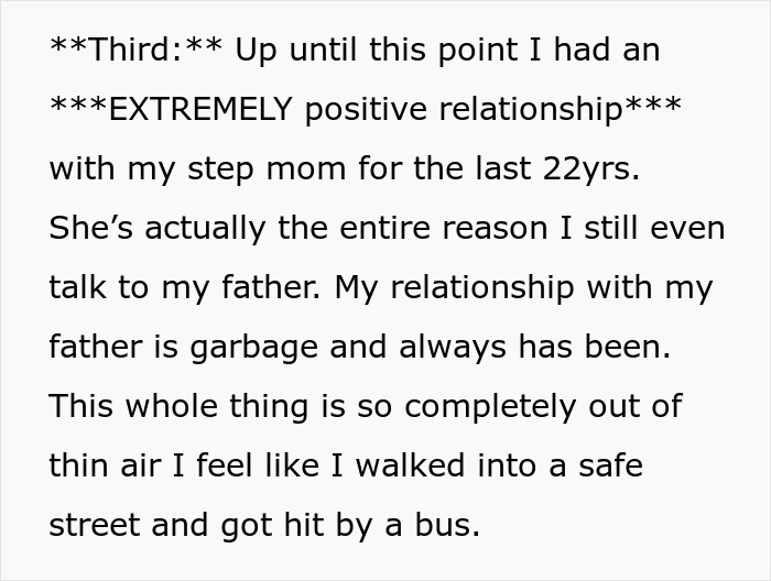 Text describing a positive relationship with groom's stepmom for 22 years before wedding issues