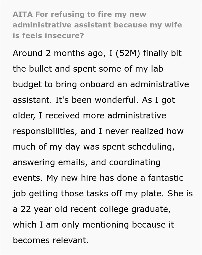 A screenshot of a text post discussing a husband refusing to fire his assistant A screenshot of a text post discussing a husband refusing to fire his assistant