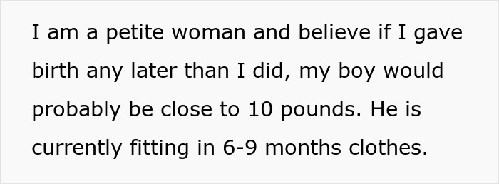 Text post about a petite woman giving birth early, related to her setting a clear boundary with her dad. Text post about a petite woman giving birth early, related to her setting a clear boundary with her dad.