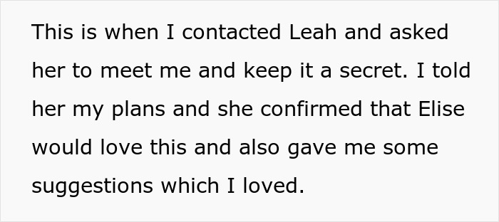Black text on a white background detailing a guy plans a dream proposal and seeks help from a friend named Leah.