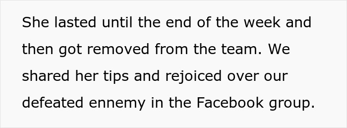 Text snippet describing how the bossy coworker was removed from the team and colleagues celebrated. Text snippet describing how the bossy coworker was removed from the team and colleagues celebrated.