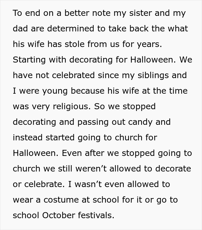 Text explaining reclaiming Halloween after a woman gets caught throwing away her stepchild’s food.